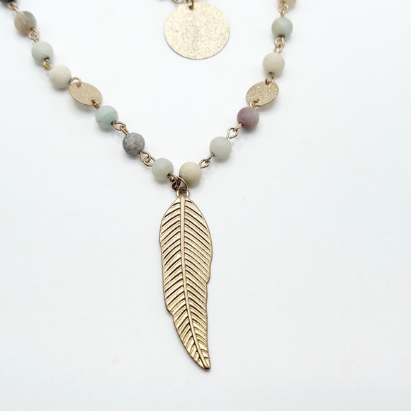 Multi Strand Layered Necklace Gold Tone Natural Stone Coin Feather Boho 26-28" - Picture 2 of 6